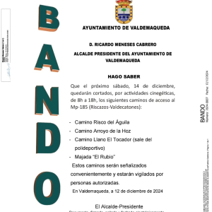 Bando: Cortes en caminos por actividades cinegéticas, sábado 14 de diciembre